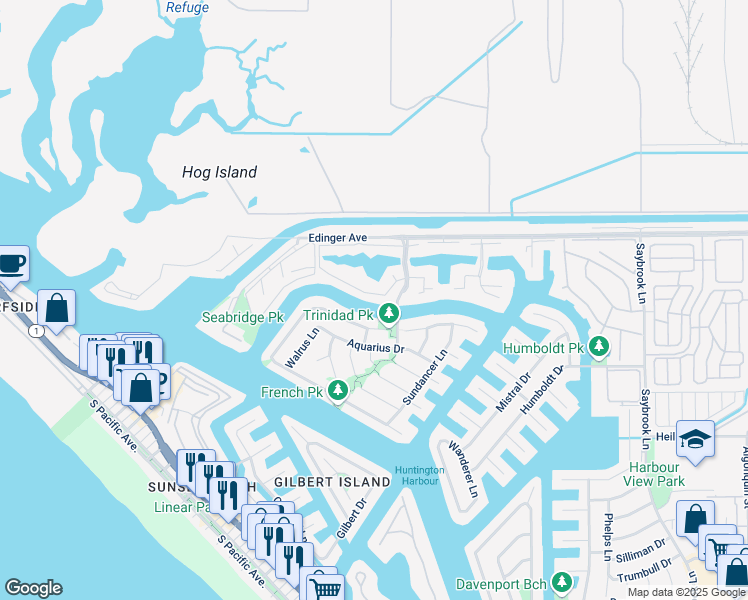 map of restaurants, bars, coffee shops, grocery stores, and more near 3566 Windspun Drive in Huntington Beach