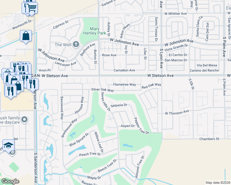map of restaurants, bars, coffee shops, grocery stores, and more near 2125 Silver Oak Way in Hemet