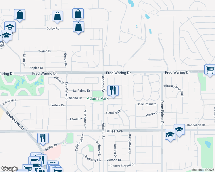 map of restaurants, bars, coffee shops, grocery stores, and more near Camino Azul in La Quinta