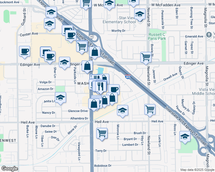 map of restaurants, bars, coffee shops, grocery stores, and more near 16171 Malaga Lane in Huntington Beach