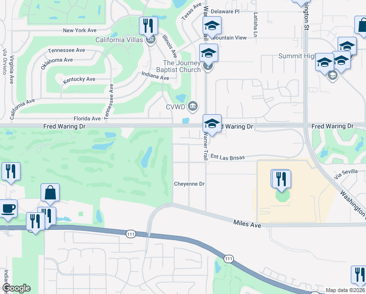 map of restaurants, bars, coffee shops, grocery stores, and more near 77379 Arapahoe Vista in Indian Wells