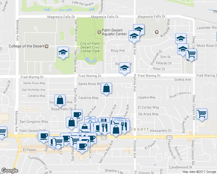 map of restaurants, bars, coffee shops, grocery stores, and more near 73775 Santa Rosa Way in Palm Desert