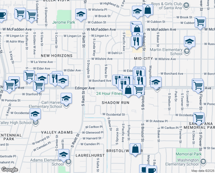 map of restaurants, bars, coffee shops, grocery stores, and more near 1427 South Rene Drive in Santa Ana