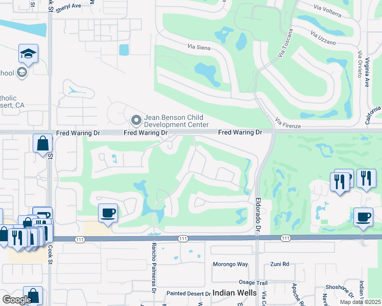 map of restaurants, bars, coffee shops, grocery stores, and more near 44825 Guadalupe Drive in Indian Wells