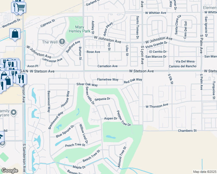 map of restaurants, bars, coffee shops, grocery stores, and more near 1915 Silver Oak Way in Hemet