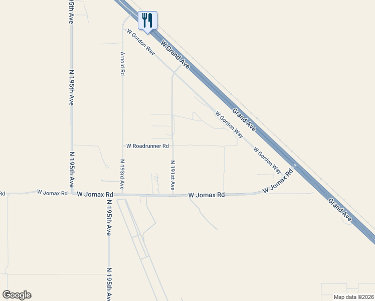 map of restaurants, bars, coffee shops, grocery stores, and more near 19019 West Roadrunner Road in Wittmann