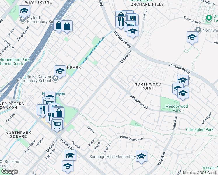 map of restaurants, bars, coffee shops, grocery stores, and more near 15 Spring Grove in Irvine