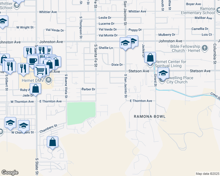 map of restaurants, bars, coffee shops, grocery stores, and more near 1093 Alcott Court in Hemet