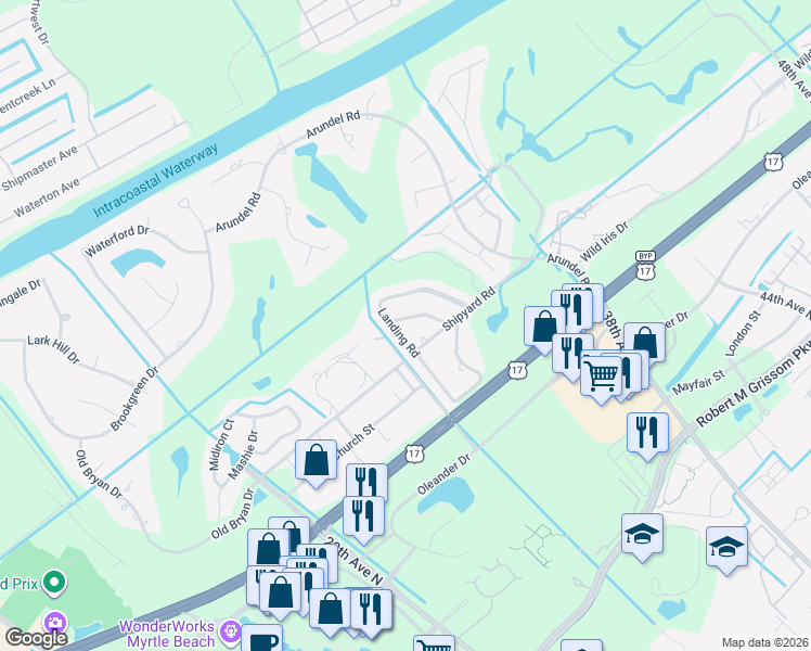 map of restaurants, bars, coffee shops, grocery stores, and more near 3510 Lighthouse Way in Myrtle Beach