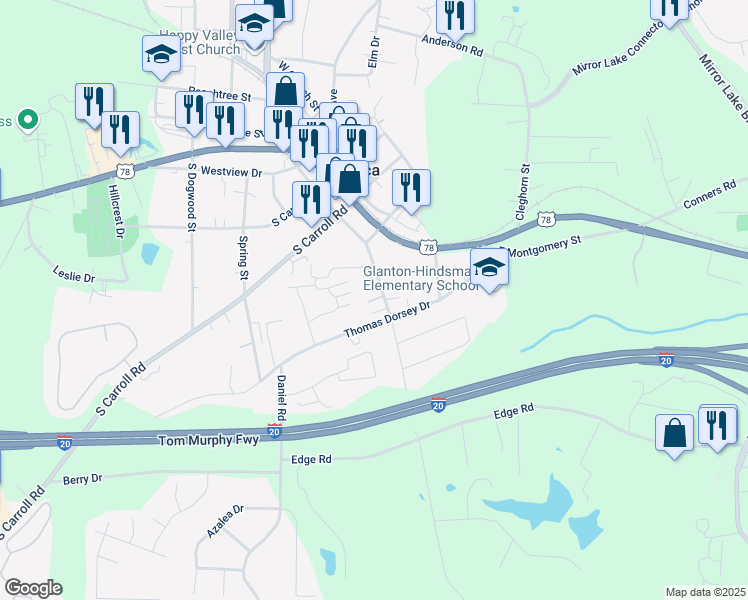map of restaurants, bars, coffee shops, grocery stores, and more near 227 East Wilson Street in Villa Rica