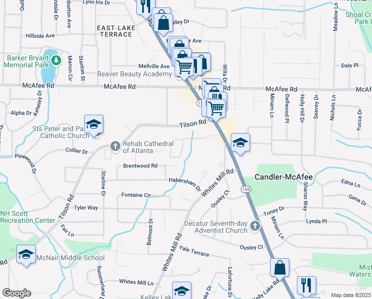 map of restaurants, bars, coffee shops, grocery stores, and more near 2648 Candler Parkway in Decatur