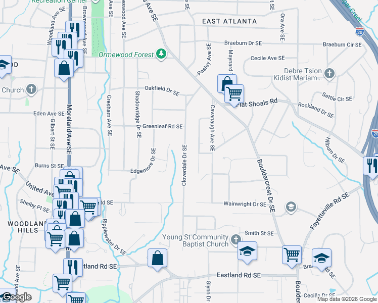 map of restaurants, bars, coffee shops, grocery stores, and more near 2160 Cloverdale Drive Southeast in Atlanta