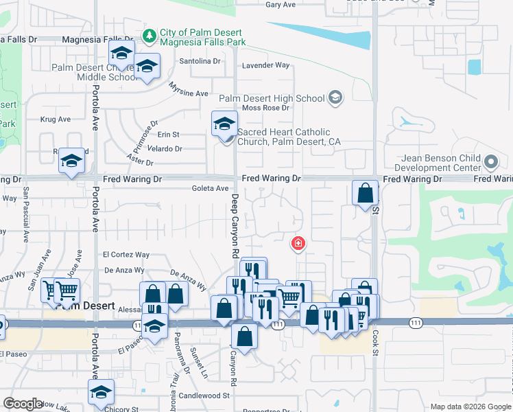map of restaurants, bars, coffee shops, grocery stores, and more near 44219 Corfu Court in Palm Desert