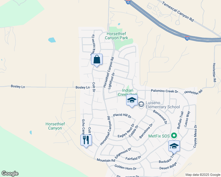 map of restaurants, bars, coffee shops, grocery stores, and more near 27002 Lightfoot Drive in Corona