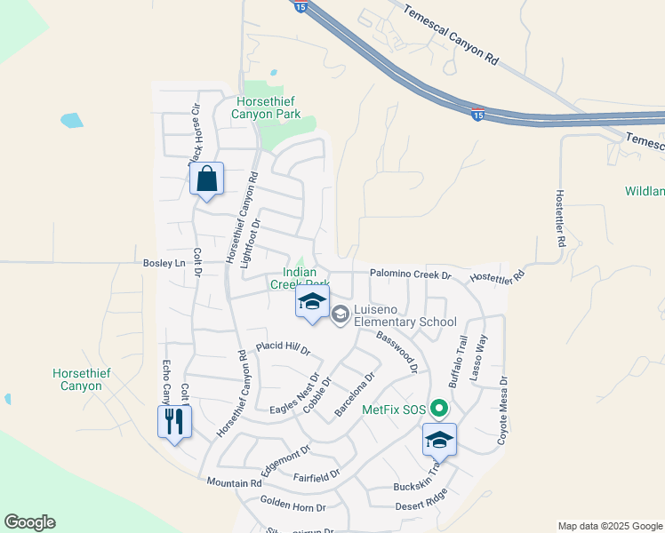 map of restaurants, bars, coffee shops, grocery stores, and more near 13492 Palomino Creek Drive in Corona