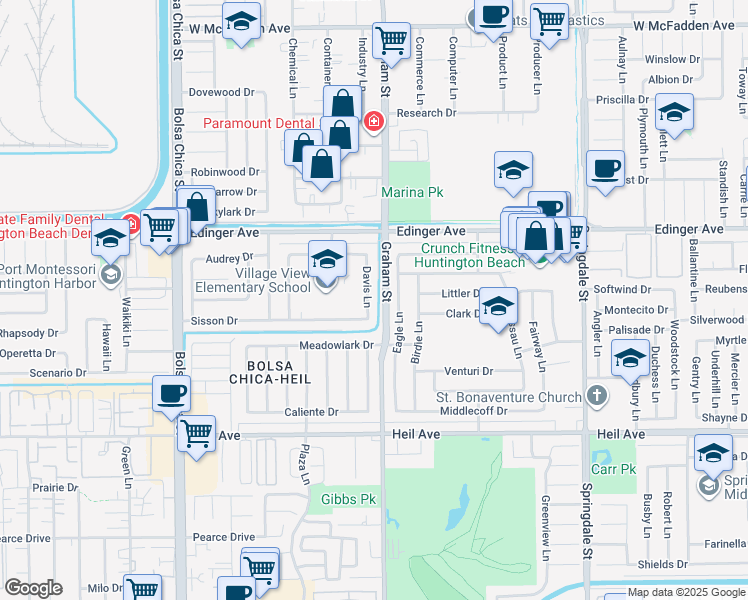 map of restaurants, bars, coffee shops, grocery stores, and more near 16151 Davis Lane in Huntington Beach
