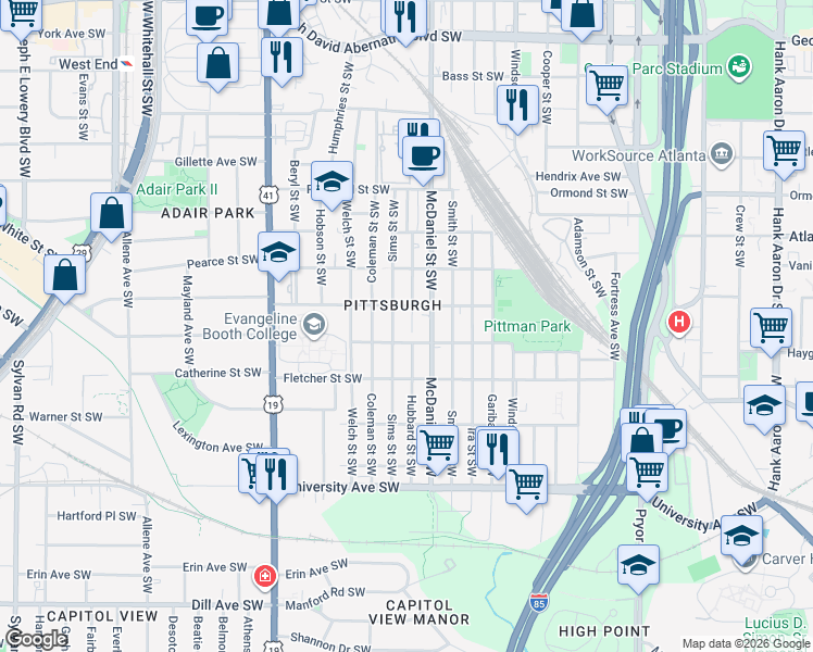 map of restaurants, bars, coffee shops, grocery stores, and more near 1003 McDaniel Street Southwest in Atlanta