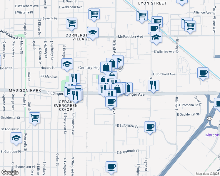 map of restaurants, bars, coffee shops, grocery stores, and more near 1540 South Grand Avenue in Santa Ana
