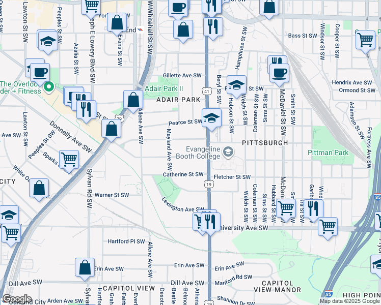 map of restaurants, bars, coffee shops, grocery stores, and more near 665 Brookline Street Southwest in Atlanta