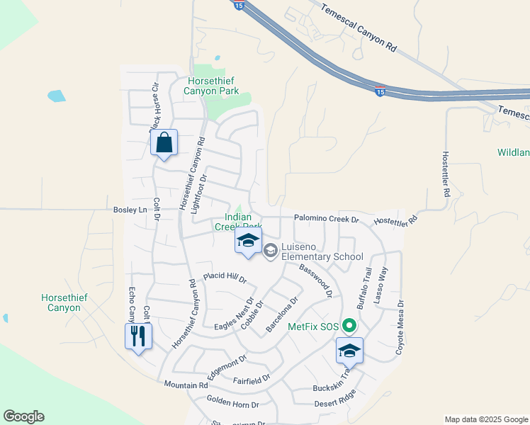 map of restaurants, bars, coffee shops, grocery stores, and more near 13492 Palomino Creek Drive in Corona