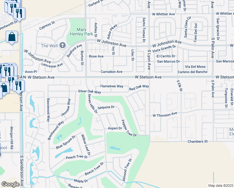map of restaurants, bars, coffee shops, grocery stores, and more near 1915 Silver Oak Way in Hemet