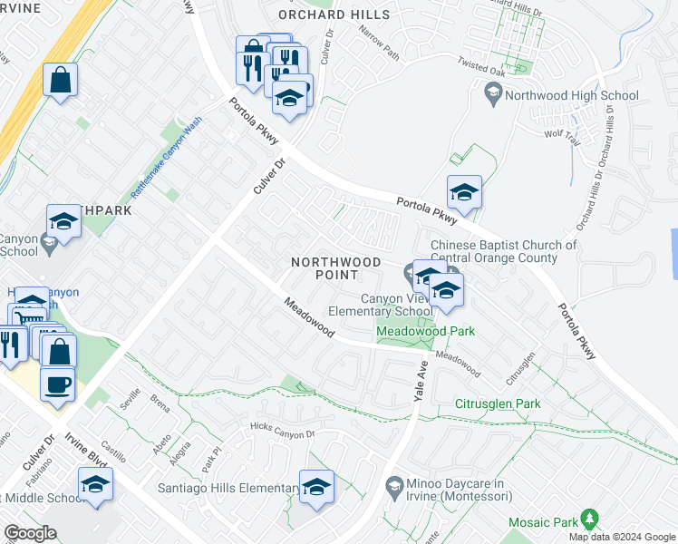 map of restaurants, bars, coffee shops, grocery stores, and more near 2 Wedgewood in Irvine