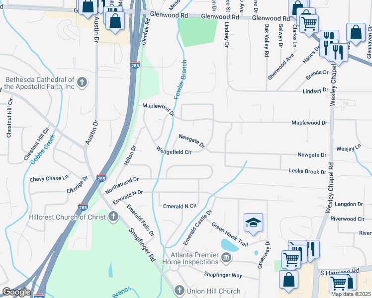 map of restaurants, bars, coffee shops, grocery stores, and more near 3976 Wedgefield Circle in Decatur