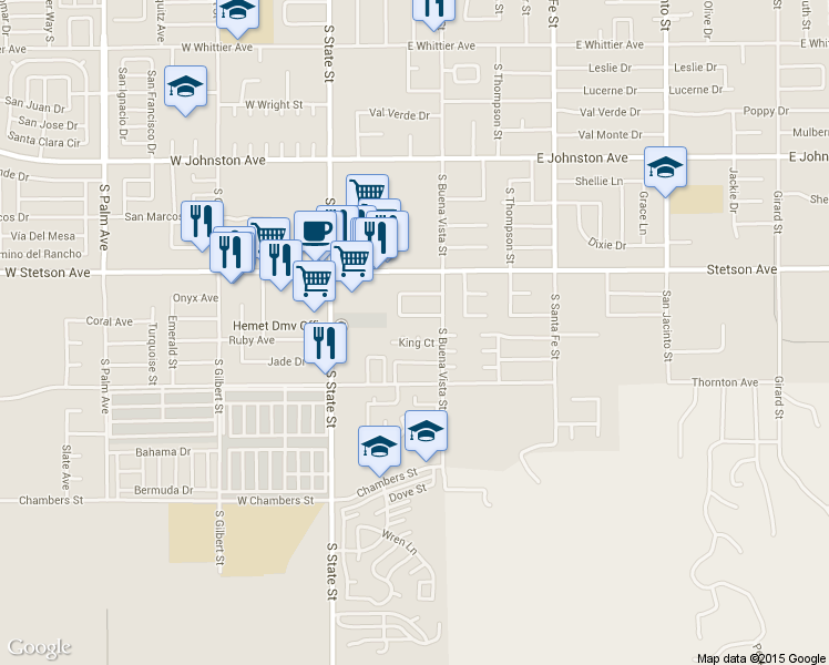 map of restaurants, bars, coffee shops, grocery stores, and more near 350 King Court in Hemet