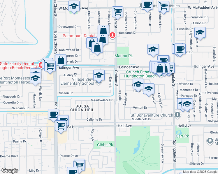 map of restaurants, bars, coffee shops, grocery stores, and more near 16151 Davis Lane in Huntington Beach