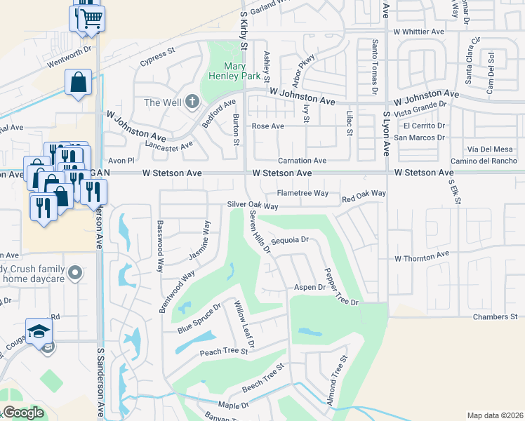 map of restaurants, bars, coffee shops, grocery stores, and more near 2341 Silver Oak Way in Hemet