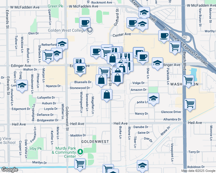 map of restaurants, bars, coffee shops, grocery stores, and more near 16161 Gothard Street in Huntington Beach