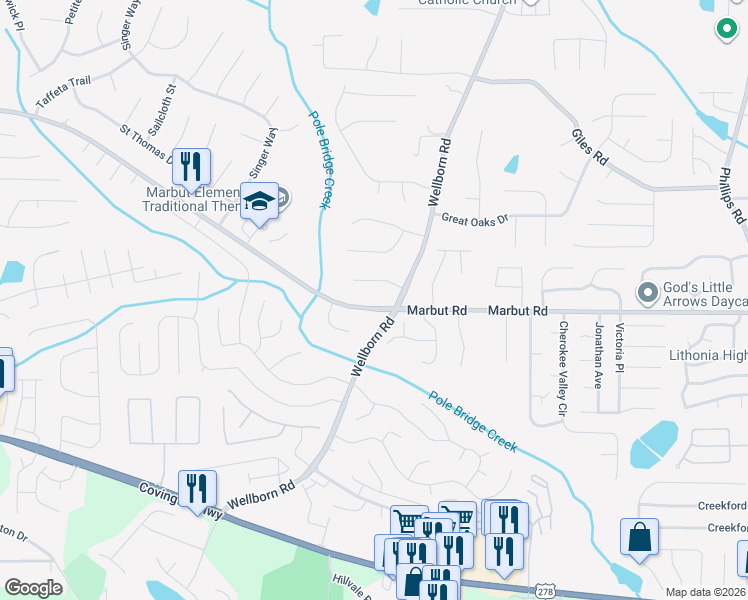 map of restaurants, bars, coffee shops, grocery stores, and more near 5874 Marbut Road in Lithonia