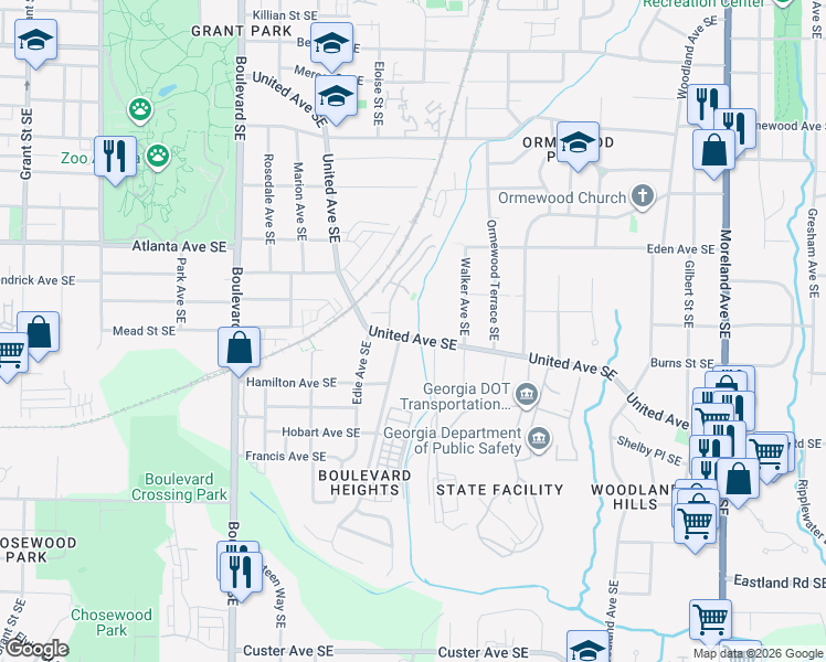 map of restaurants, bars, coffee shops, grocery stores, and more near 868 United Avenue Southeast in Atlanta