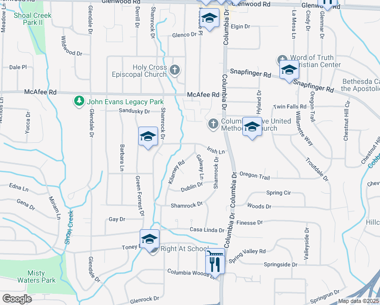 map of restaurants, bars, coffee shops, grocery stores, and more near 2113 Kilarney Road in Decatur
