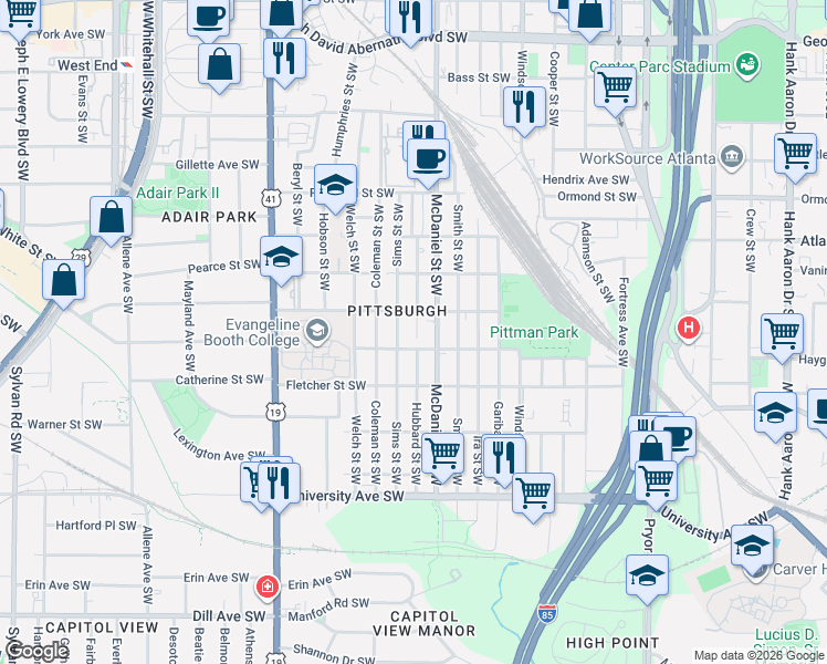 map of restaurants, bars, coffee shops, grocery stores, and more near 1003 McDaniel Street Southwest in Atlanta