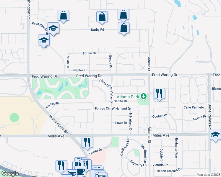 map of restaurants, bars, coffee shops, grocery stores, and more near 78675 Villeta Drive in La Quinta