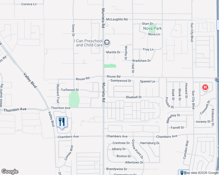 map of restaurants, bars, coffee shops, grocery stores, and more near 27074 Rangewood Street in Menifee