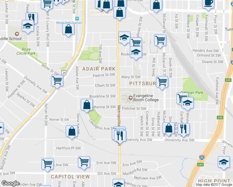 map of restaurants, bars, coffee shops, grocery stores, and more near 1007 Metropolitan Parkway Southwest in Atlanta