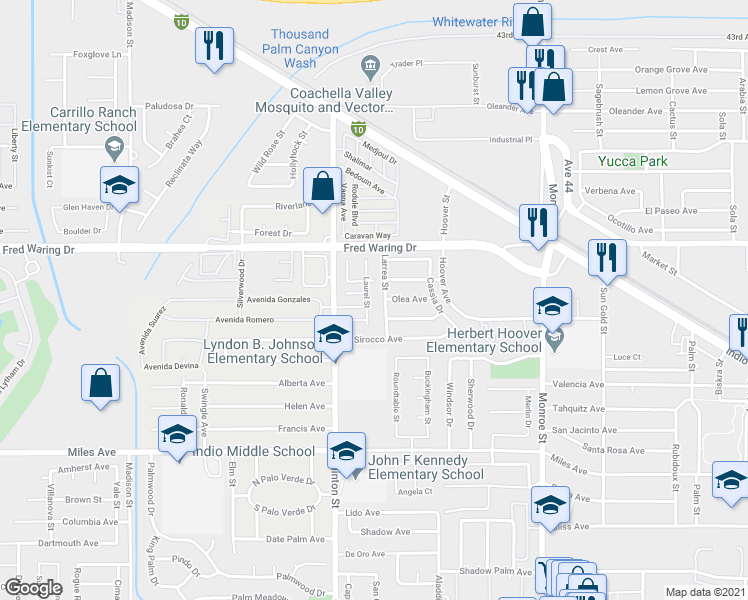 map of restaurants, bars, coffee shops, grocery stores, and more near 44292 Laurel Street in Indio