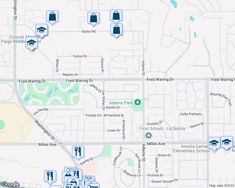 map of restaurants, bars, coffee shops, grocery stores, and more near 78785 Villeta Drive in La Quinta