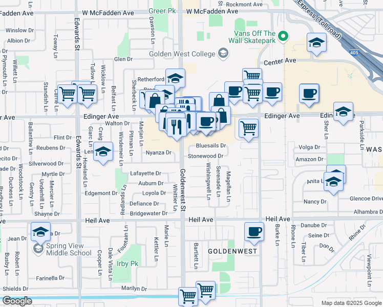map of restaurants, bars, coffee shops, grocery stores, and more near 7041 Stonewood Drive in Huntington Beach