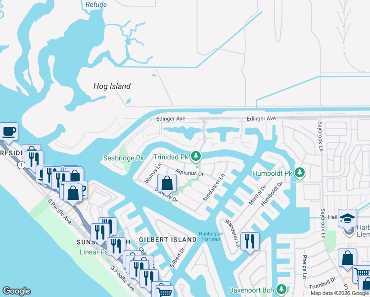 map of restaurants, bars, coffee shops, grocery stores, and more near 3548 Windspun Drive in Huntington Beach