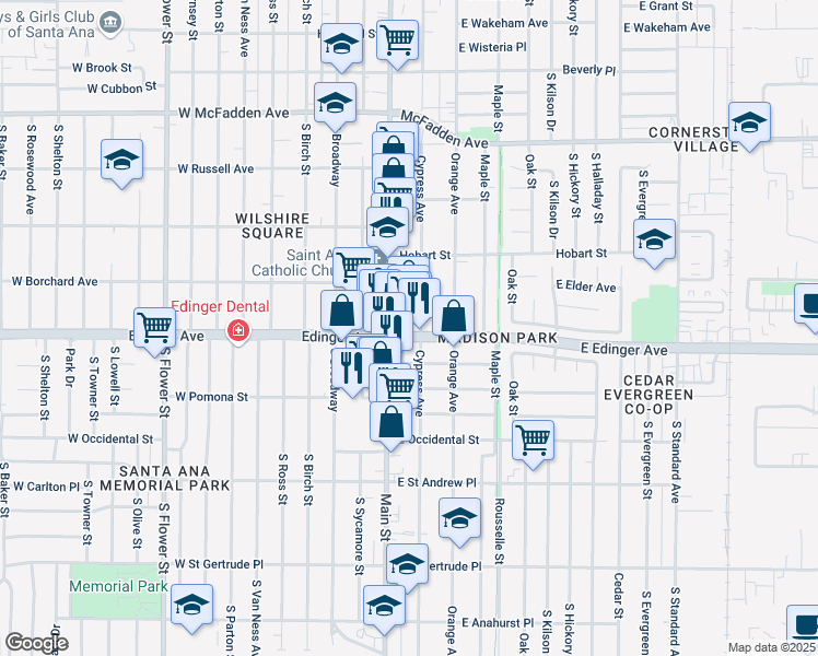 map of restaurants, bars, coffee shops, grocery stores, and more near 1467 East Edinger Avenue in Santa Ana