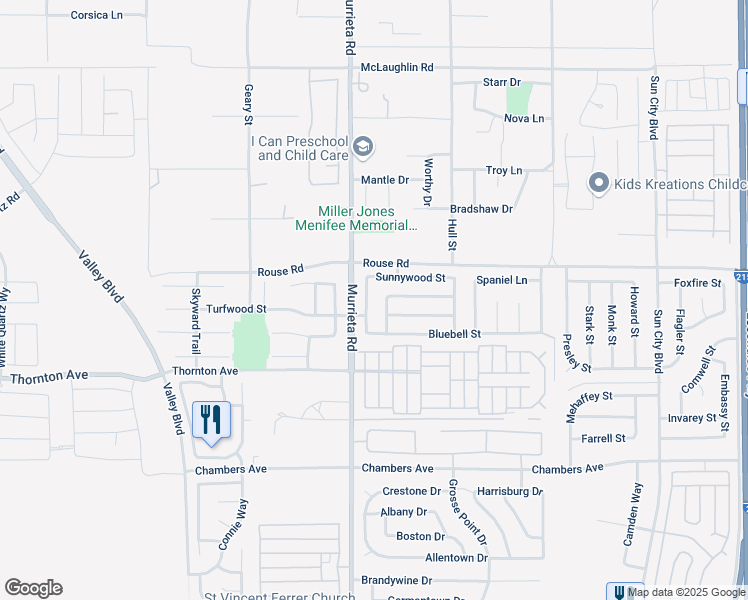 map of restaurants, bars, coffee shops, grocery stores, and more near 27074 Rangewood Street in Menifee