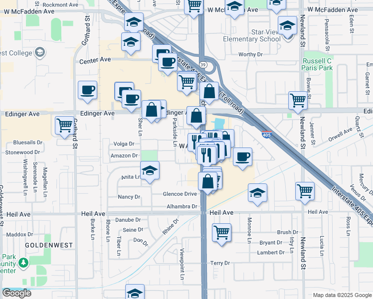 map of restaurants, bars, coffee shops, grocery stores, and more near 7924 Stark Drive in Huntington Beach