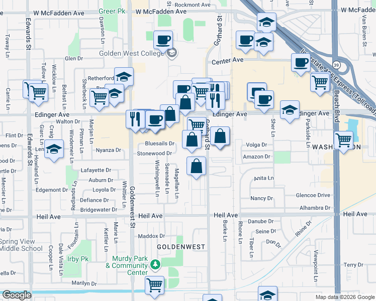 map of restaurants, bars, coffee shops, grocery stores, and more near 7279 Murdy Circle in Huntington Beach