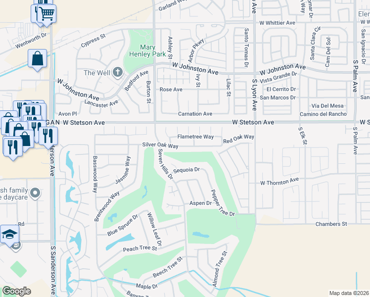 map of restaurants, bars, coffee shops, grocery stores, and more near 2095 Silver Oak Way in Hemet