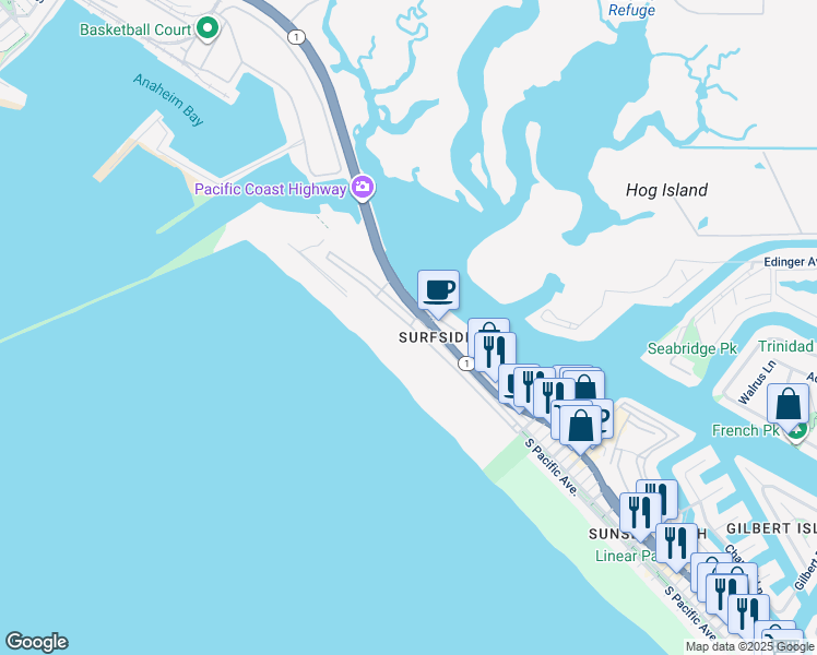 map of restaurants, bars, coffee shops, grocery stores, and more near 64 Surfside Avenue in Huntington Beach