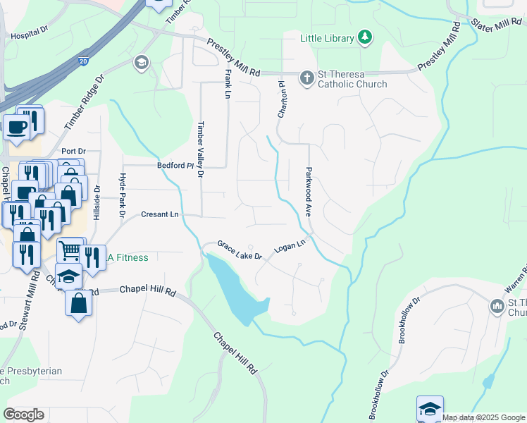map of restaurants, bars, coffee shops, grocery stores, and more near 5831 Wembley Drive in Douglasville