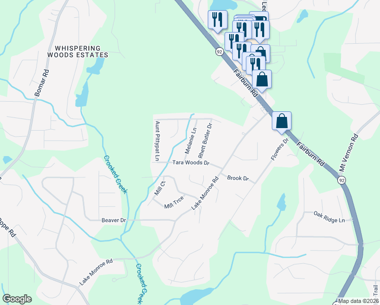 map of restaurants, bars, coffee shops, grocery stores, and more near 2852 Melanie Lane in Douglasville